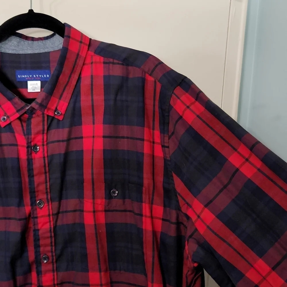 Men’s Simply Styled Red and Navy Plaid Button-Up Shirt - Picture 8 of 11